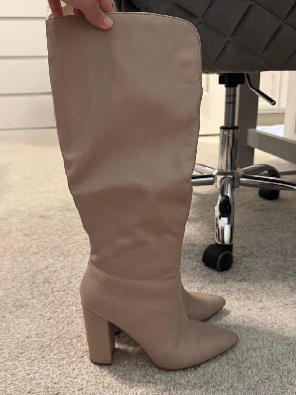 Mattison Taupe Nude Knee High Pointed Toe Heeled Boots - Size 6.5